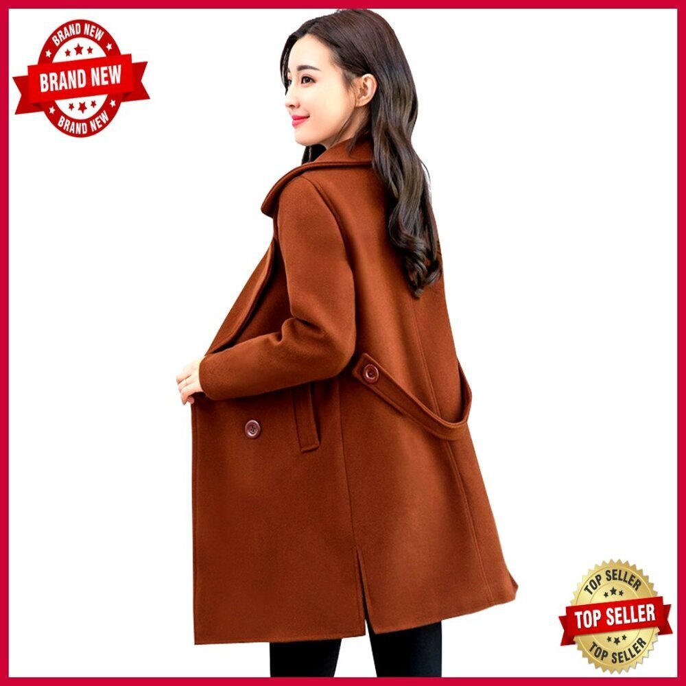 Wool Blend Pea Coat with Belt, Double Breasted, Lapel Collar, Relaxed Fit